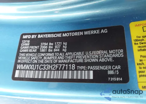 2017 Mini Hardtop Cooper z USA, uszkodzony, nr VIN WMWXU1C33H2F77118